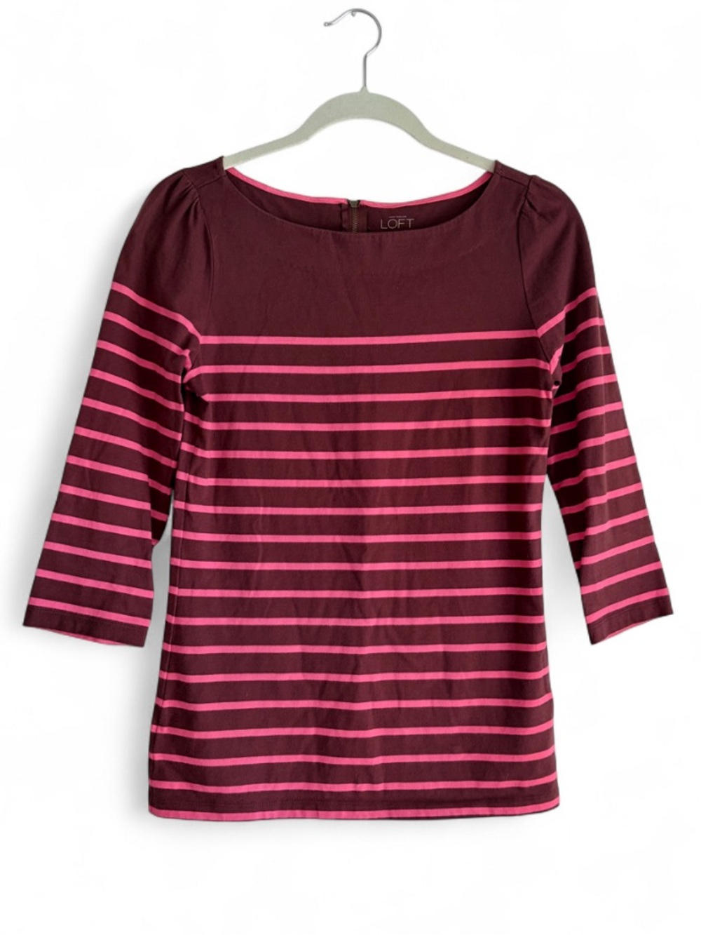 Loft 100% Cotton Burgundy Pink Striped 3/4 Sleeve Knit Shirt Size XS